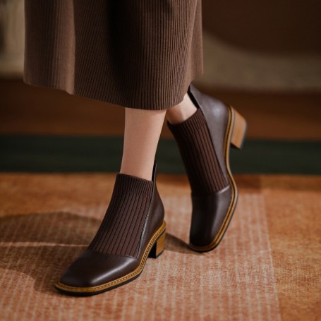 British Style Women's Ankle Short Martin Boots Thick Heels Genuine Leather