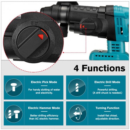 Drillpro 4 Function Brushless Cordless Electric Rotary Hammer Drill Rechargeable Hammer 26mm Impact Drill for 18V Makita Battery
