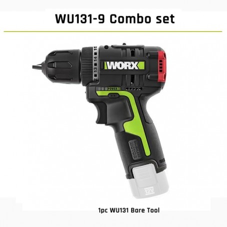 Worx WU131 Brushless Motor 12v Cordless Impact Drill 30Nm Max 1800RPM Output 10mm Jacobs Chuck Lithium Battery