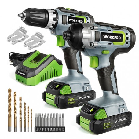 WORKPRO 20V Cordless Electric Drill and Impact Screwdriver Driver Set Rechargeable Power Tool Sets With 16PC Accessory Sets