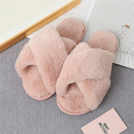 Furry Slippers Women Cross Fluffy Fur Home Slides Flat Indoor Floor Shoes Ladies Flip Flops