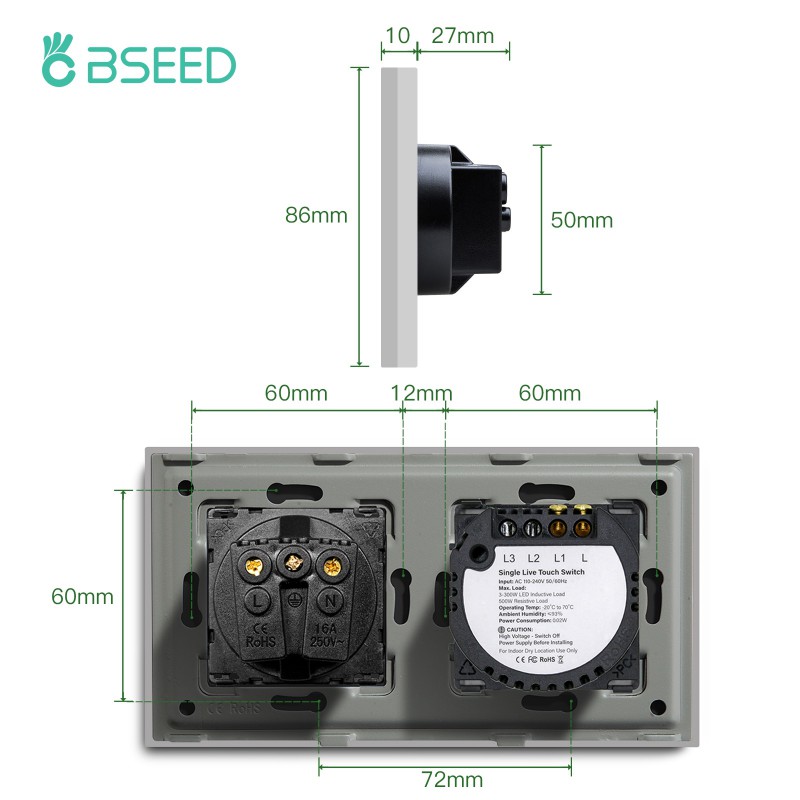 Bseed Touch Switch With Eu Power Wall Socket Gray Led Wall Light Switches 123gang 1way Crystal 5061