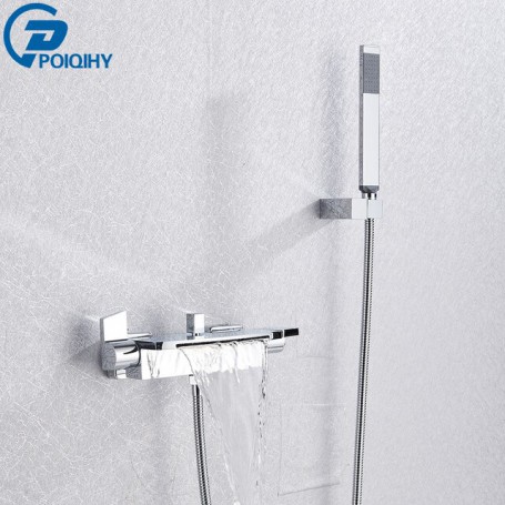 Matte Black Bathtub Faucet Brass Wall Mounted Waterfall Spout Bathroom Shower Faucets Crane With hand shower Cold Hot mixer Taps