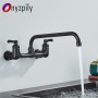 Onyzpily  Black Basin Faucet Wall Mounted Dual Handles Bathroom Faucet Swivel Spout Antique Brass Crane Hot Cold Water Mixer Tap