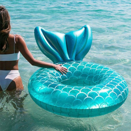110 Blue Pink Mermaid Backrest Inflatable Swimming Ring Adult Swimming Laps Floating Ring Swimming Pool Beach Party Toy