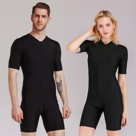 Couple One Piece Swimsuit Women men Swimwear Short Sleeve UPF 50+ Quick-dry Beach Rash Guard diving Surf Suit front Zipper