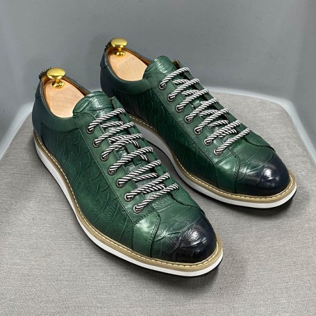 Men Casual Shoes Genuine Cow Leather Fashion Handmade Crocodile Print Lace Up Flat Breathable