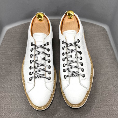 Men Casual Shoes Genuine Cow Leather Fashion Handmade Crocodile Print Lace Up Flat Breathable