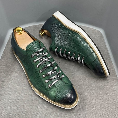 Men Casual Shoes Genuine Cow Leather Fashion Handmade Crocodile Print Lace Up Flat Breathable