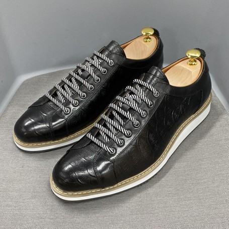 Men Casual Shoes Genuine Cow Leather Fashion Handmade Crocodile Print Lace Up Flat Breathable