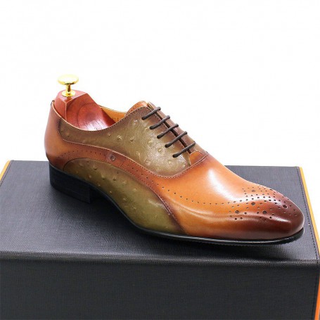 Dress Shoes Genuine Calf Leather Green Brown Ostrich Pattern Pointed Toe Lace-Up Brogue Oxford Shoes for Men