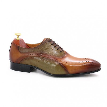 Dress Shoes Genuine Calf Leather Green Brown Ostrich Pattern Pointed Toe Lace-Up Brogue Oxford Shoes for Men