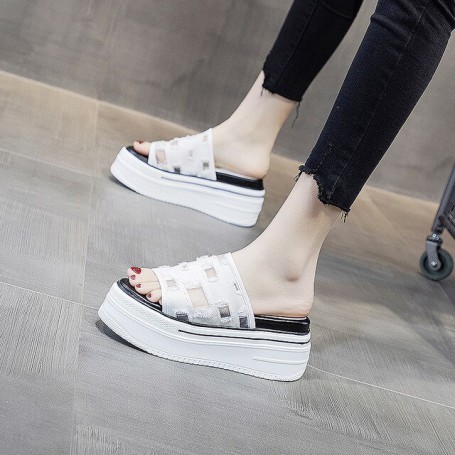 8cm Platform Wedge Shoes Women Slippers Canvas Breathable Fashion Shoes Genuine Leather