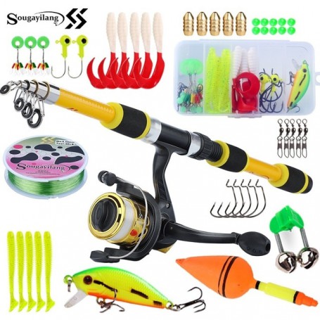 Sougayilang Kids Fishing Pole Set Full Kits with Telescopic Fishing Rod and Spinning Reel Baits Hooks Saltwater Travel Pole Set