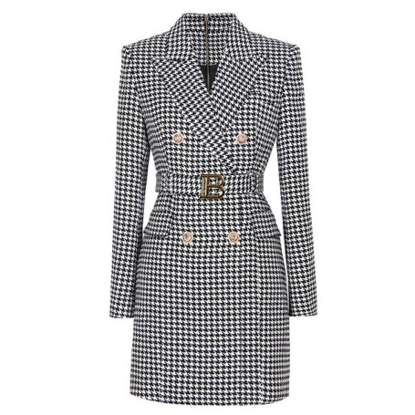 Long blazer jacket women new office fashion Plaid Classical Black White Bird Lattice Double-breasted Chic Dress With Belt