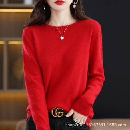 Women Clothes Solid Round Neck Sweater Jumper Long-sleeved Knitted Pullovers Shirt Female Tops