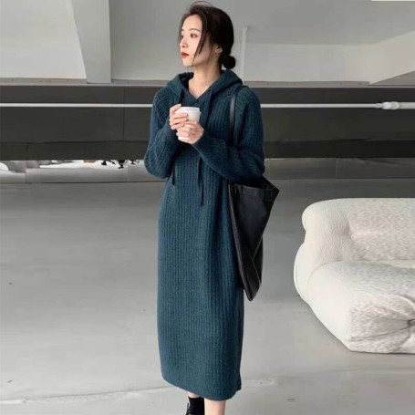Hooded Sweater Knitted Dresses Women Losse Fashion Long Dresses Ladies Thickened Warm Solid Vestidos
