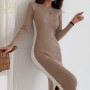 H Han Queen Winter Color Matching Office Pencil Elastic Knitted Dress Women Bottoming Sheath Dresses Work Bodycon Vestidos New