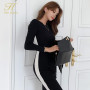 H Han Queen Winter Color Matching Office Pencil Elastic Knitted Dress Women Bottoming Sheath Dresses Work Bodycon Vestidos New