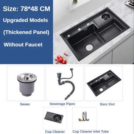 New Black Nanometer 304 Stainless Steel Waterfall Kitchen Sink 3MM Thickness Large Single Slot Above Mount Waterfall Faucet
