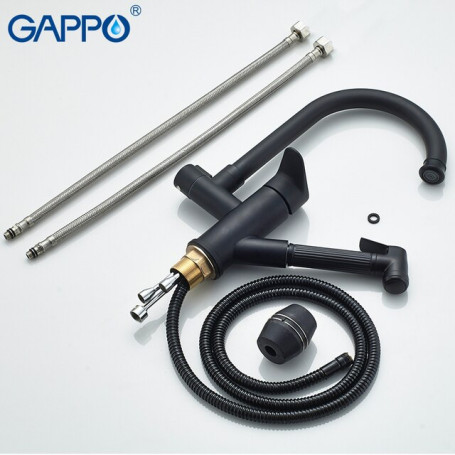 GAPPO Kitchen Sink Faucet Black Deck Mounted Flexible Pull Out Mixer Tap Hot & Cold 360 Rotation Kitchen Faucet