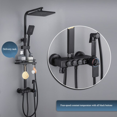 【Ships From:Ru】bathroom shower system copper black button thermostatic shower set 4-speed pressurized hand-held rain shower