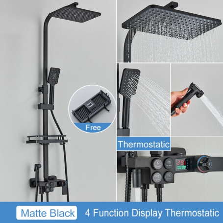 Black Thermostatic LCD Shower Faucet Set Temperature Display Rainfall Bathtub Tap With Bathroom Shelf Electricity By Water