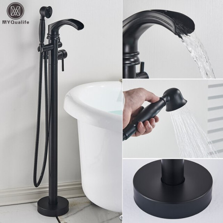 MYQualife Matte Black Floorstanding Bathtub Faucet Set Dual Handle Floor Mounted Bath Tub Mixers Swive Spout Tub Faucet