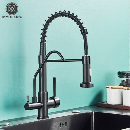 Matte Black Pure Water Filter Kitchen Faucet Dual Handle Hot and Cold Drinking Water Pull Out  Kitchen Mixer Taps Purification