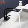 Quyanre Matte Black Basin Faucets Waterfall Basin Mixer Tap Brass Washbasin Faucet Single Handle Hot Cold Mixer Water Crane Tap