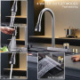Waterfall Kitchen Sink Faucet with 4 Modes Pull Out Spout Stainless Steel Black One Hole Deck Mounted Kitchen Water Mixer Tap