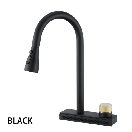 Waterfall Kitchen Sink Faucet with 4 Modes Pull Out Spout Stainless Steel Black One Hole Deck Mounted Kitchen Water Mixer Tap
