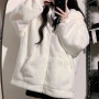 Deeptown Women Zip Hoodie Thicken Fuzzy Fleece Sweatshirts Harajuku Bear Ear Oversize White Coats Cute Soft Winter Outerwear New