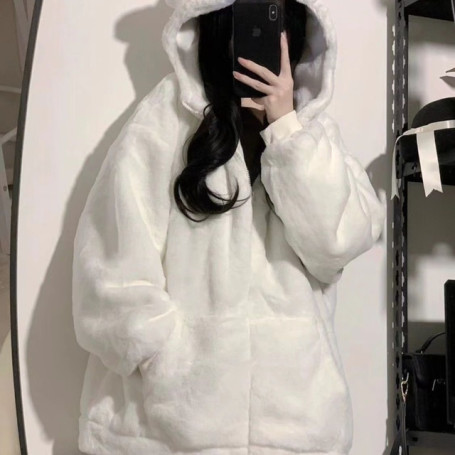 Deeptown Women Zip Hoodie Thicken Fuzzy Fleece Sweatshirts Harajuku Bear Ear Oversize White Coats Cute Soft Winter Outerwear New