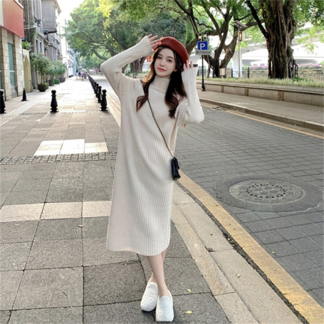 New In Korean Fashion Dresses Plus Size Long Sleeve Autumn and Winter Knitted White Sweater Women Elegant Luxury  Lolita Dress