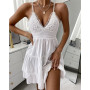 Women Summer Dress Solid Color Crochet Spaghetti Strap V-Neck Backless Tied Braces Short Dress for Girls White