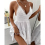 Women Summer Dress Solid Color Crochet Spaghetti Strap V-Neck Backless Tied Braces Short Dress for Girls White