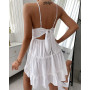 Women Summer Dress Solid Color Crochet Spaghetti Strap V-Neck Backless Tied Braces Short Dress for Girls White