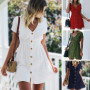 Women Dress 2021 Spring/Summer Pure Color Single-Breasted V-Neck Dress robe Female Casual Holiday Mini Dress vestido