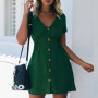 Women Dress 2021 Spring/Summer Pure Color Single-Breasted V-Neck Dress robe Female Casual Holiday Mini Dress vestido