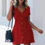 Women Dress 2021 Spring/Summer Pure Color Single-Breasted V-Neck Dress robe Female Casual Holiday Mini Dress vestido