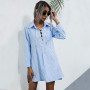 Women's Long-Sleeved Shirt Dress Blue Neckline Drawstring OL Short Dress 2021 Fall New Boyfriend Style Loose Shirt Female Blouse