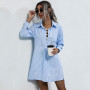 Women's Long-Sleeved Shirt Dress Blue Neckline Drawstring OL Short Dress 2021 Fall New Boyfriend Style Loose Shirt Female Blouse