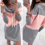 Fashion Women Autumn Color Blocks Drawstring Hooded Dress Pocket lady Long Sweatshirt 2020