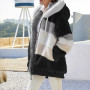 winter women's jacket fashion casual stitching plaid ladies hooded zipper coat cashmere women coat