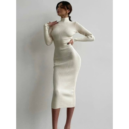 Fashion High-neck Bodycon White Knitted Midi Dresses Women 2022 Autumn Winter Sexy Solid Color High Street Woolen Warm Dress