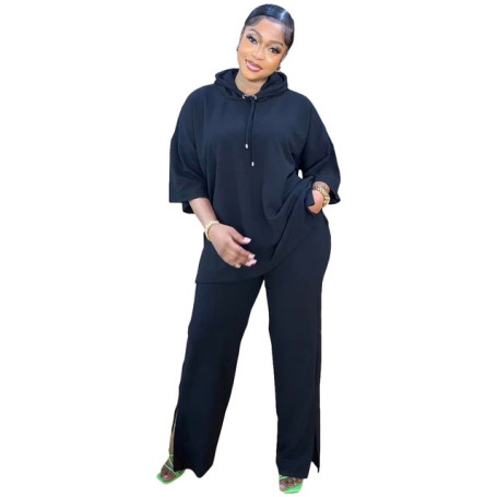 Casual Two Piece Hooded Sleeves Wide Leg Trouser Fashion Women