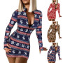 Zipper Half Placket Christmas Dress Elastic Stand Collar Long Sleeve Xmas Dress Reindeer Snowflake Print Bodycon Dress For Party