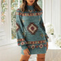 Women Ethnic Mini Dress Vintage Aztec Print Slim Fit Shirt Dress Autumn Winter Long Sleeve Pack Hip Pullover Tight Dress Party