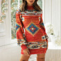 Women Ethnic Mini Dress Vintage Aztec Print Slim Fit Shirt Dress Autumn Winter Long Sleeve Pack Hip Pullover Tight Dress Party